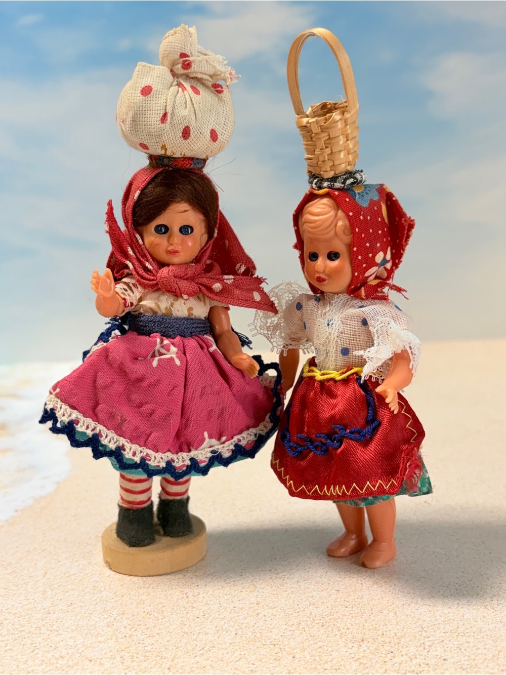 Vintage Portugal Souvenir Doll Pair Traditional Folk Costume Basket Carrier Doll
